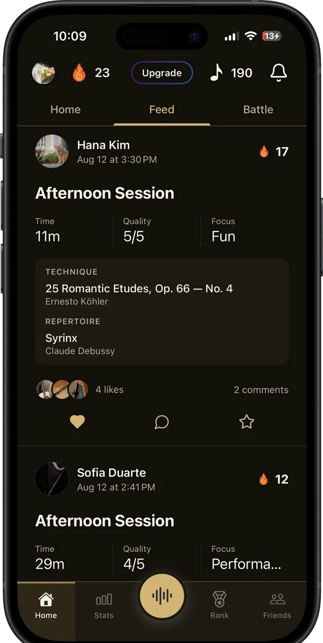 The Tutti feed: Hana Kim's afternoon session — eleven minutes, quality five, a Köhler étude and Debussy's Syrinx — with likes, comments and a seventeen-day streak.