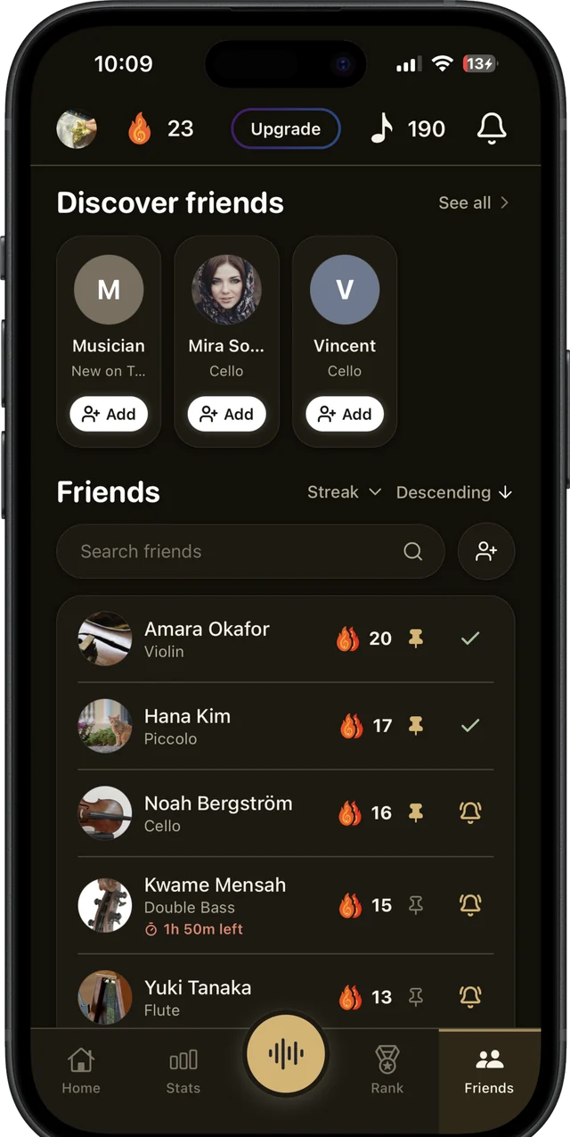The Friends tab: a Discover row of suggested musicians, then a friends list sorted by streak with pin and nudge buttons.