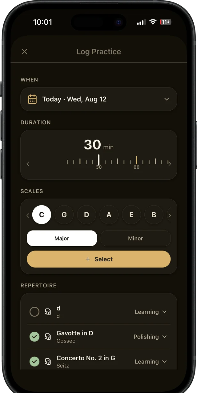 The Log Practice screen: date, a thirty-minute duration dial, a scale picker, and repertoire with status.